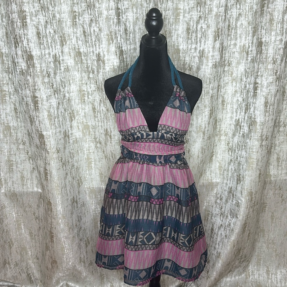 Teal, gray, pink halter strapless dress
